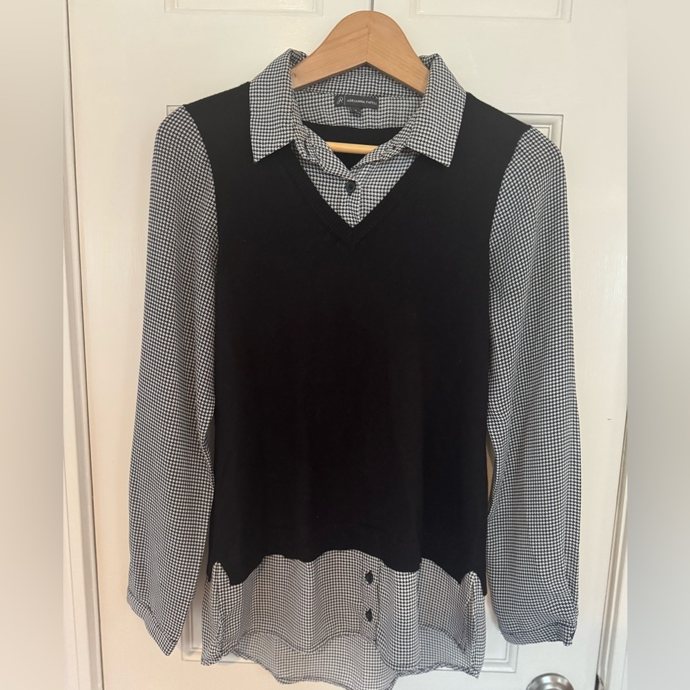 Adrianna Papell Layered-Look Sweater Shirt (Black/Houndstooth)